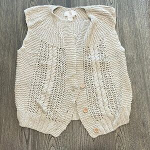 Maurada Crochet Sweater Vest Silk Blend Hand Knit Boho Button Front Tan Size L